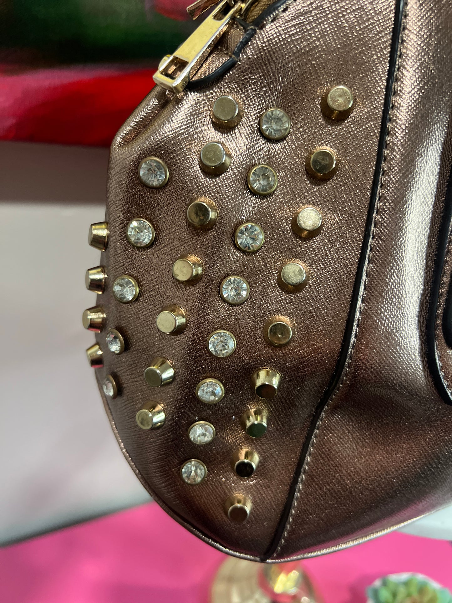 Bronze Glamour Bag – Gold & Diamond Rhinestone Studs with Locket Detail