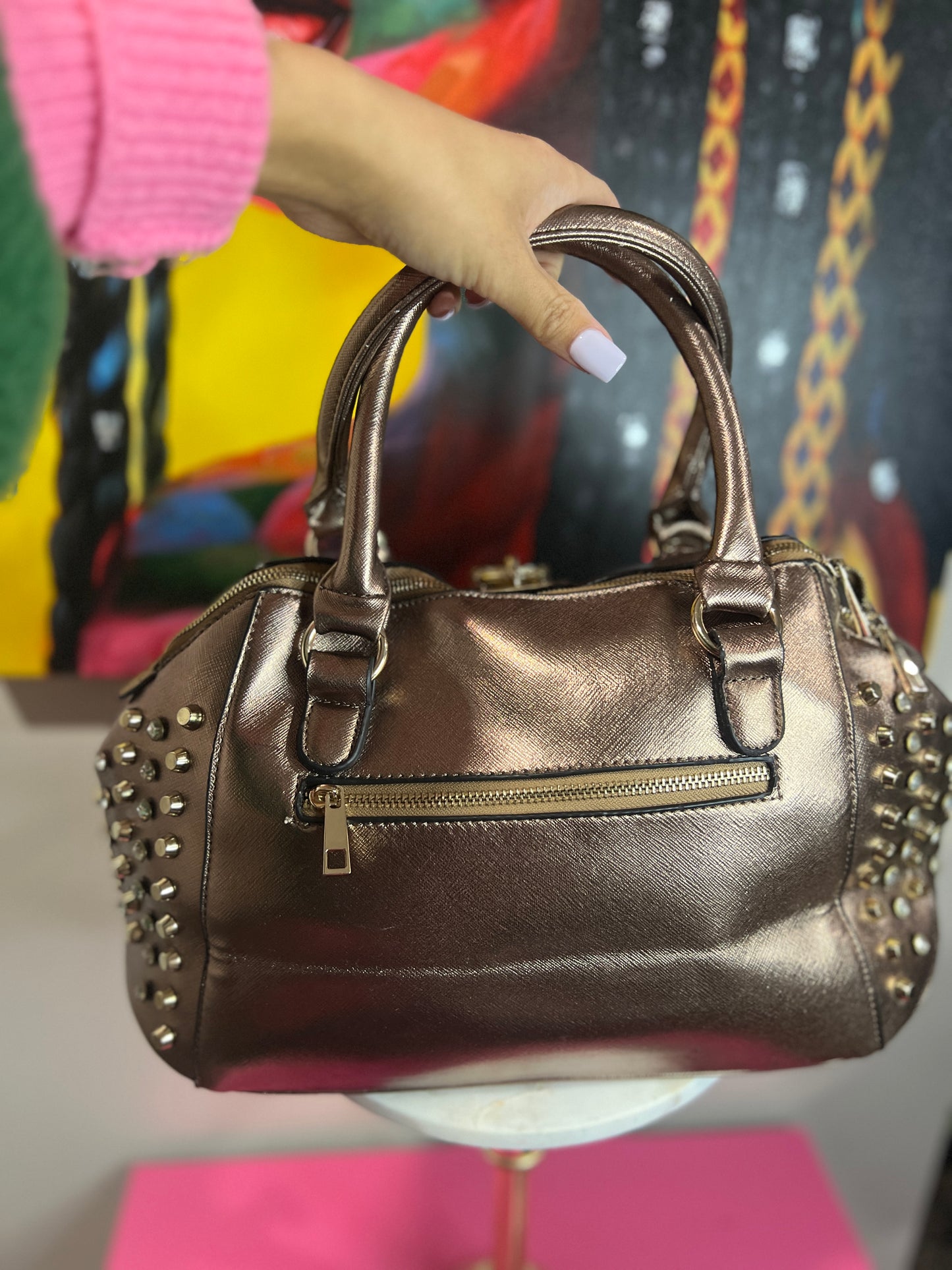 Bronze Glamour Bag – Gold & Diamond Rhinestone Studs with Locket Detail