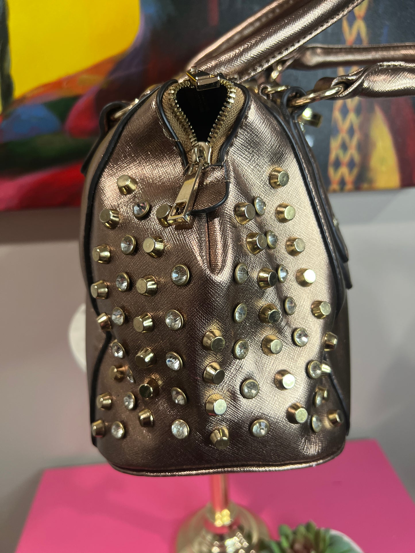 Bronze Glamour Bag – Gold & Diamond Rhinestone Studs with Locket Detail