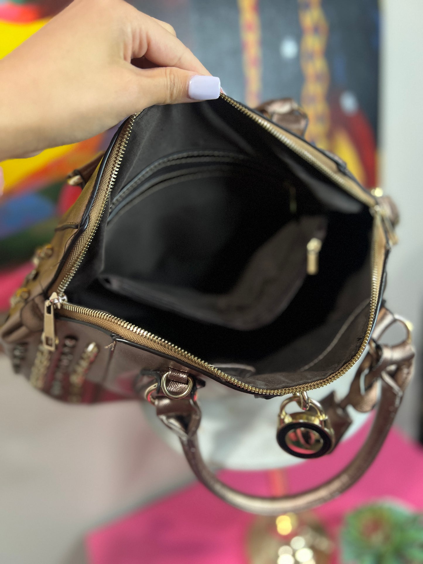Bronze Glamour Bag – Gold & Diamond Rhinestone Studs with Locket Detail