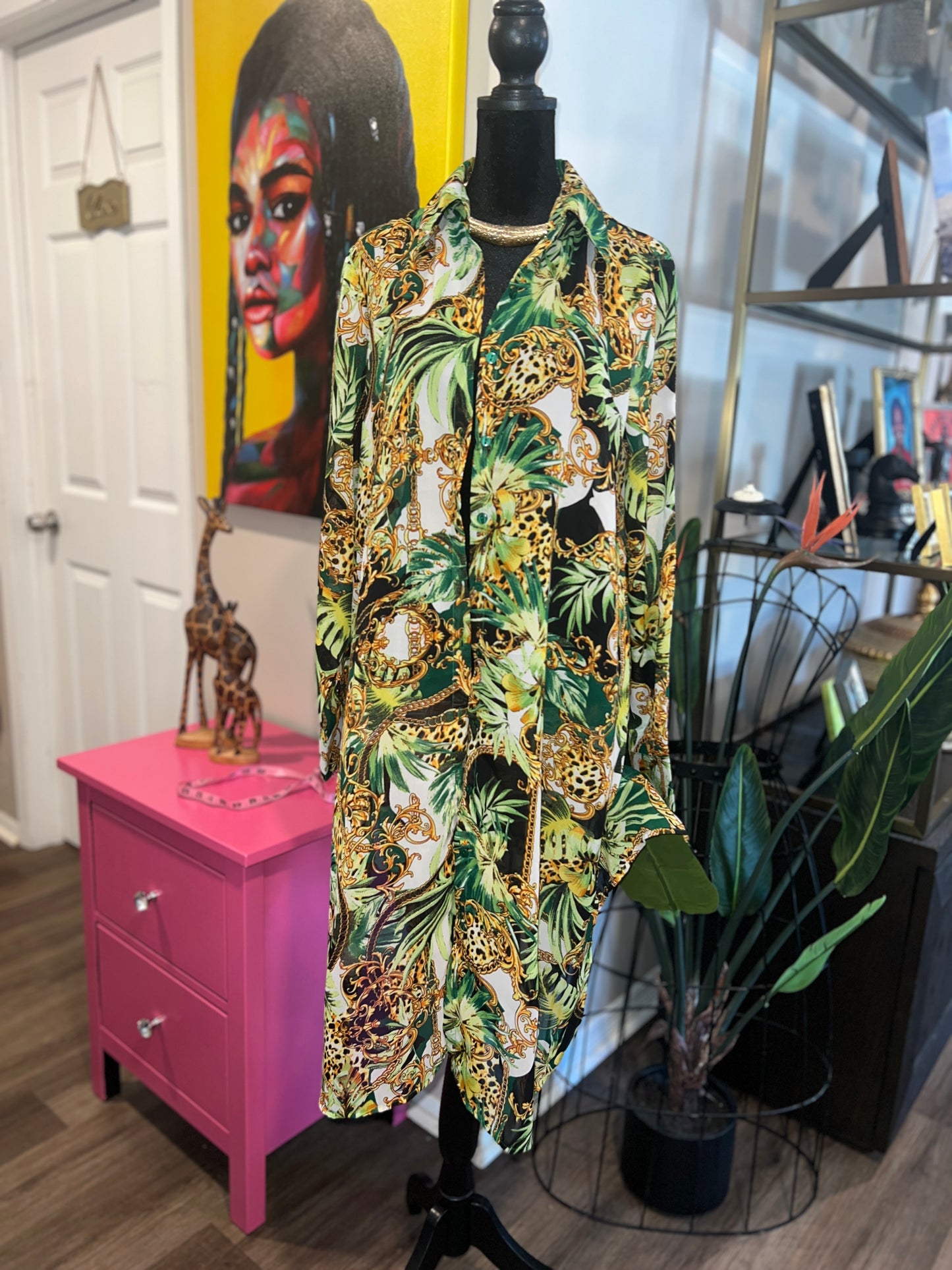 Sheer Jungle Escape Button-Up Cover-Up - M