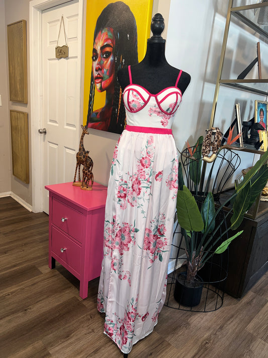 Floral Elegance Two-Piece Set – Corset Bodysuit & Maxi Skirt