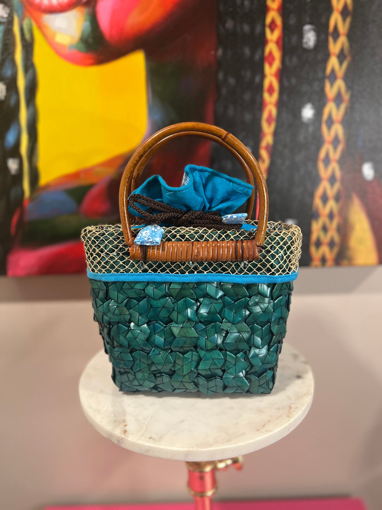 Vintage Woven Basket Bag – Teal & Bamboo Handle