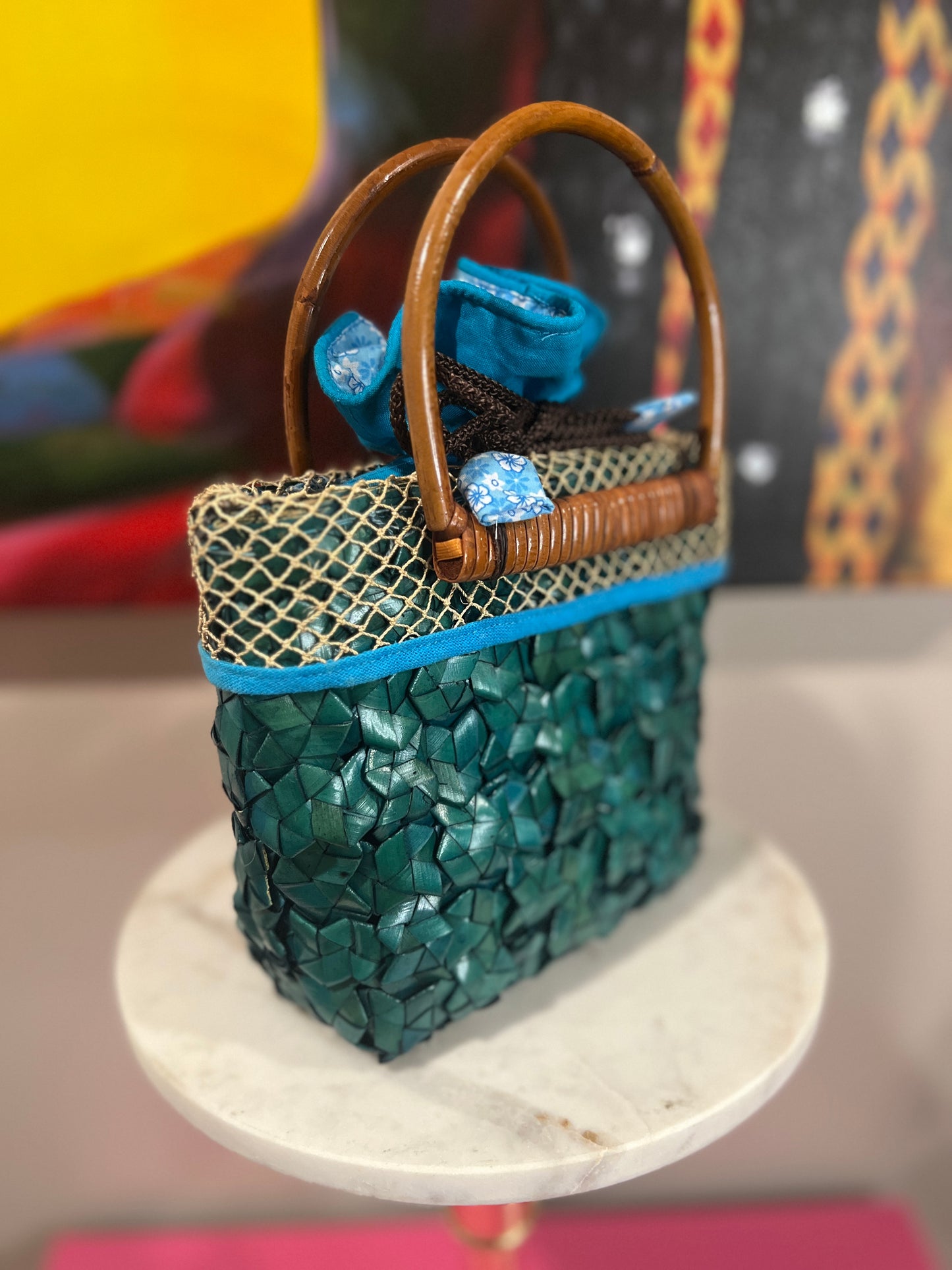 Vintage Woven Basket Bag – Teal & Bamboo Handle