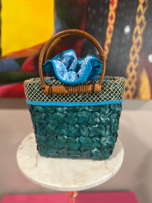 Vintage Woven Basket Bag – Teal & Bamboo Handle