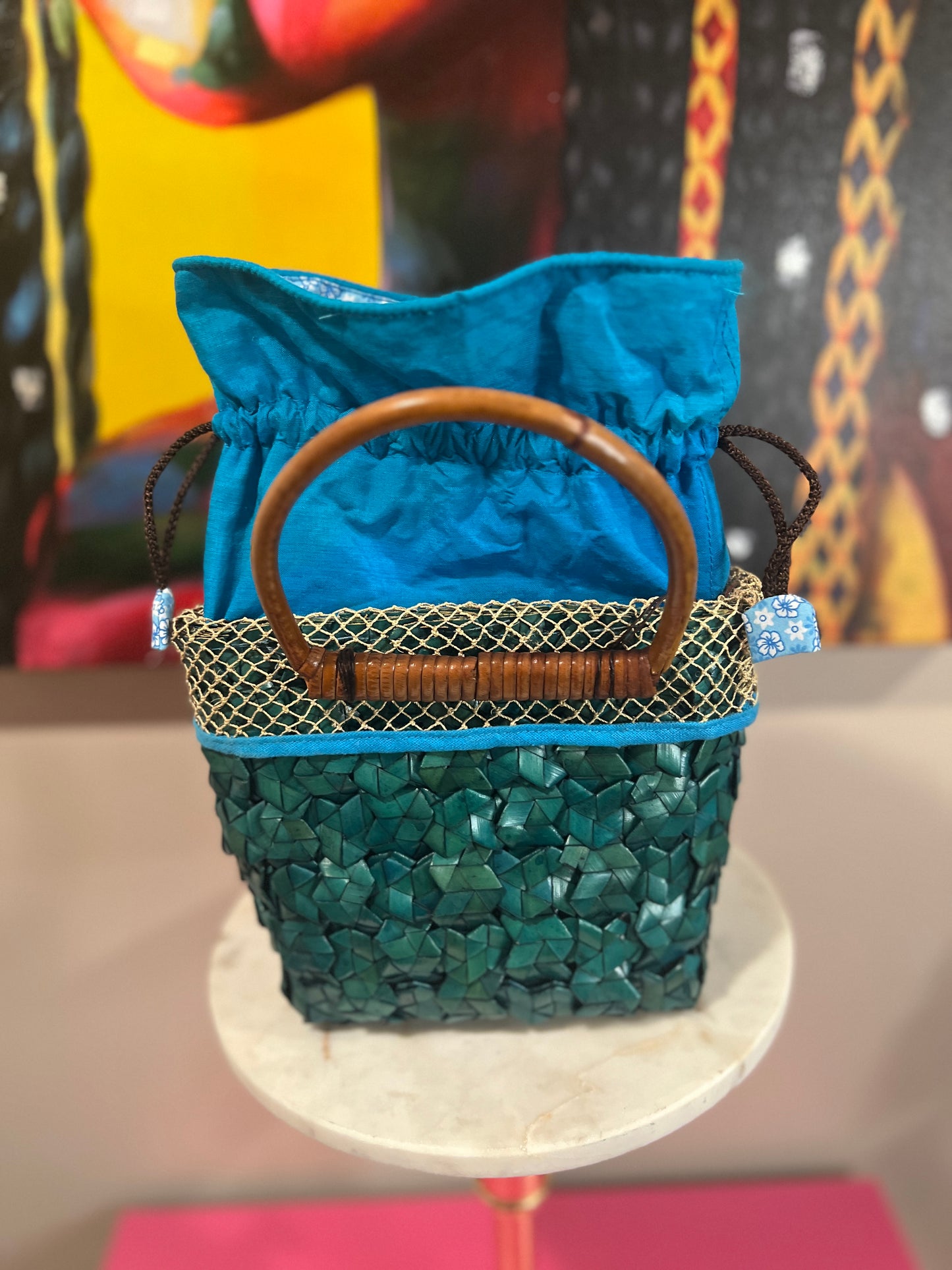 Vintage Woven Basket Bag – Teal & Bamboo Handle