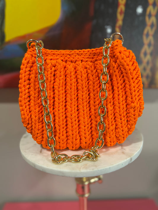 Bold & Chic Bright Orange Knit Bag – Gold Chain Accent
