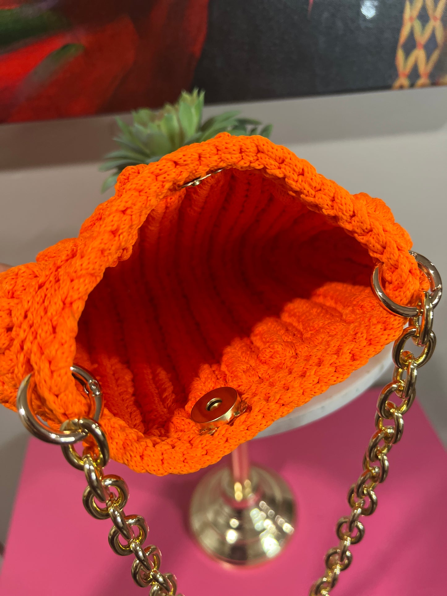 Bold & Chic Bright Orange Knit Bag – Gold Chain Accent
