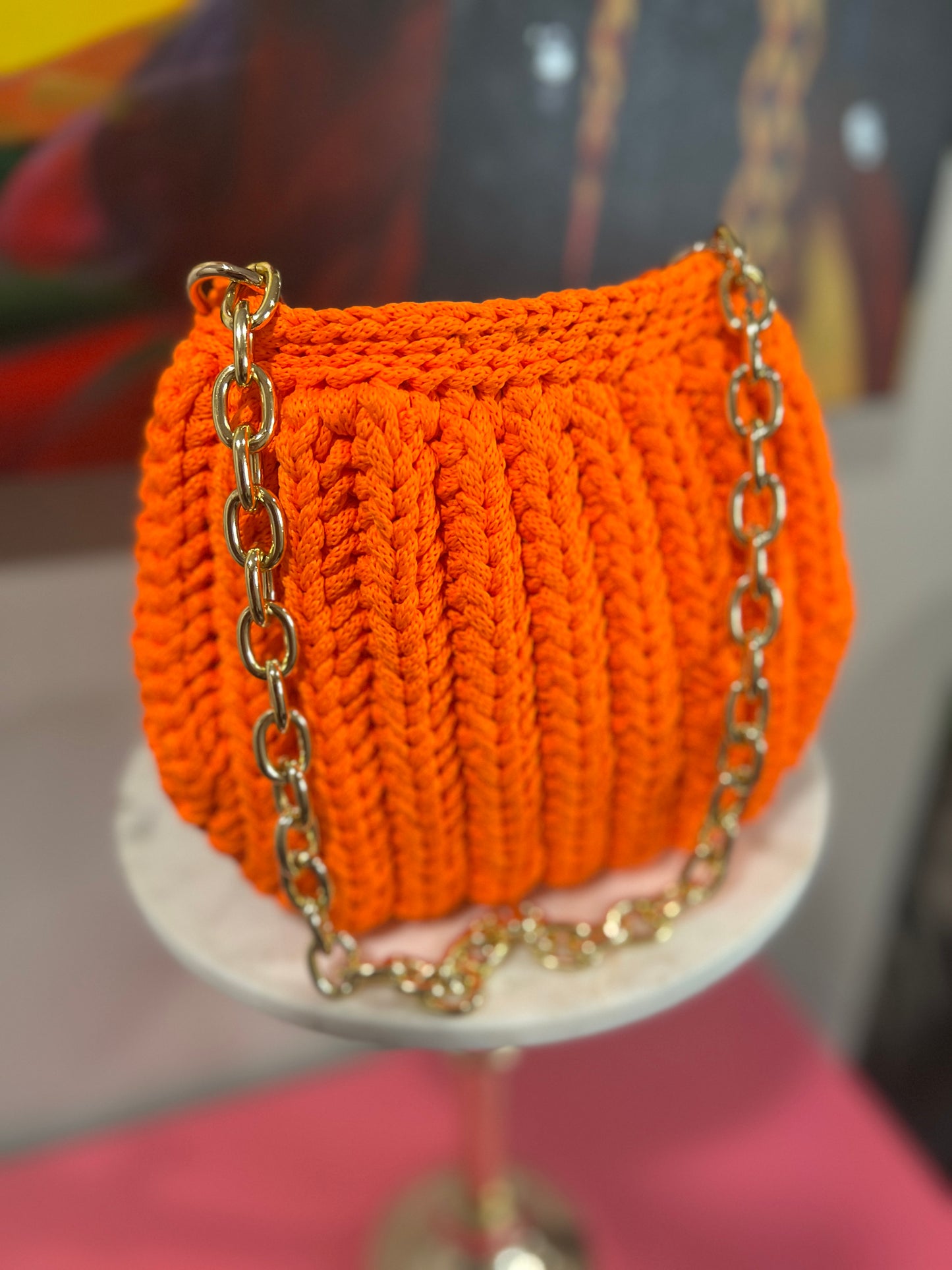 Bold & Chic Bright Orange Knit Bag – Gold Chain Accent