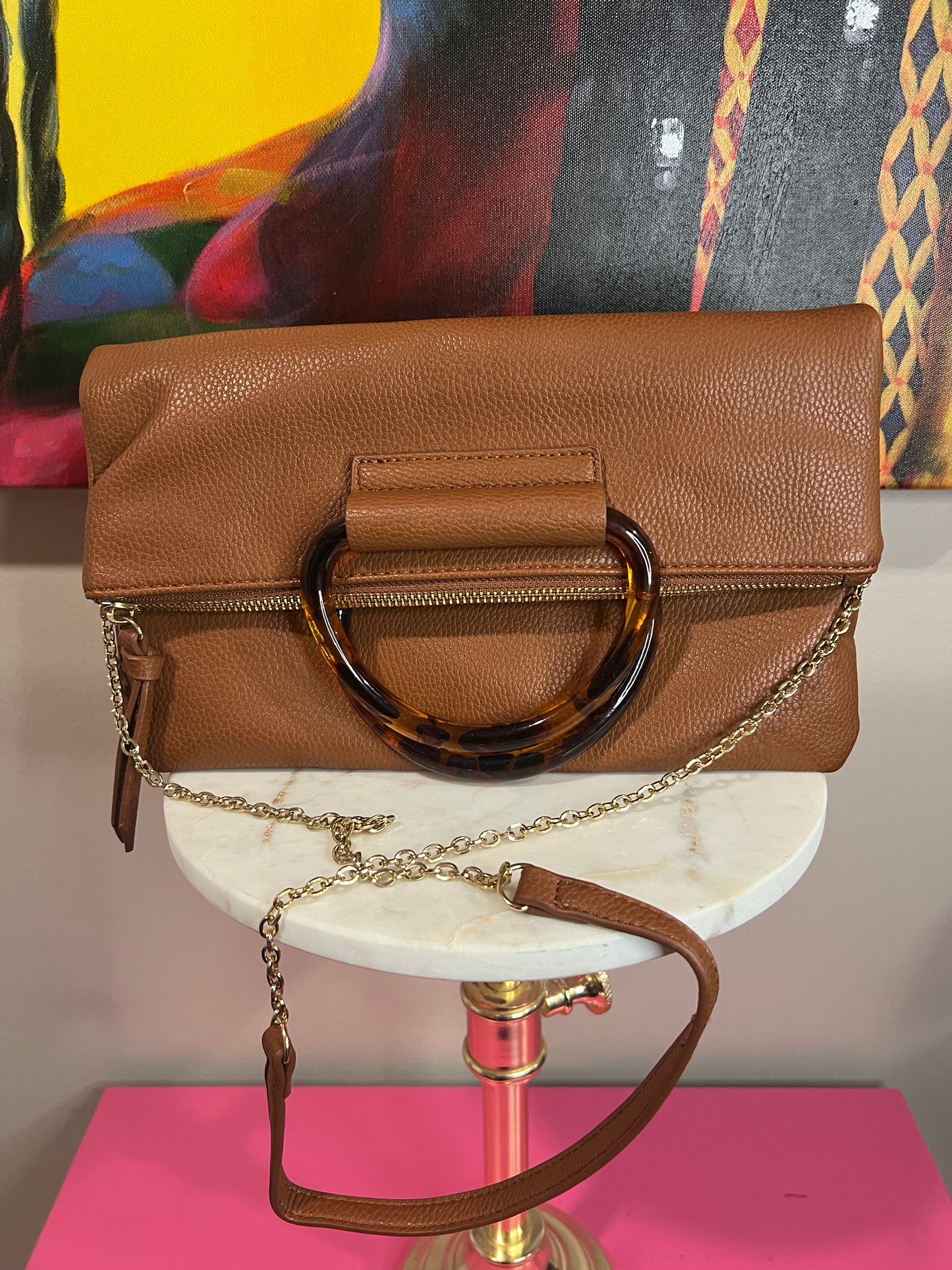 Sophisticated Brown Faux Leather Clutch or Crossbody – Multi-Storage with Tortoise Handles