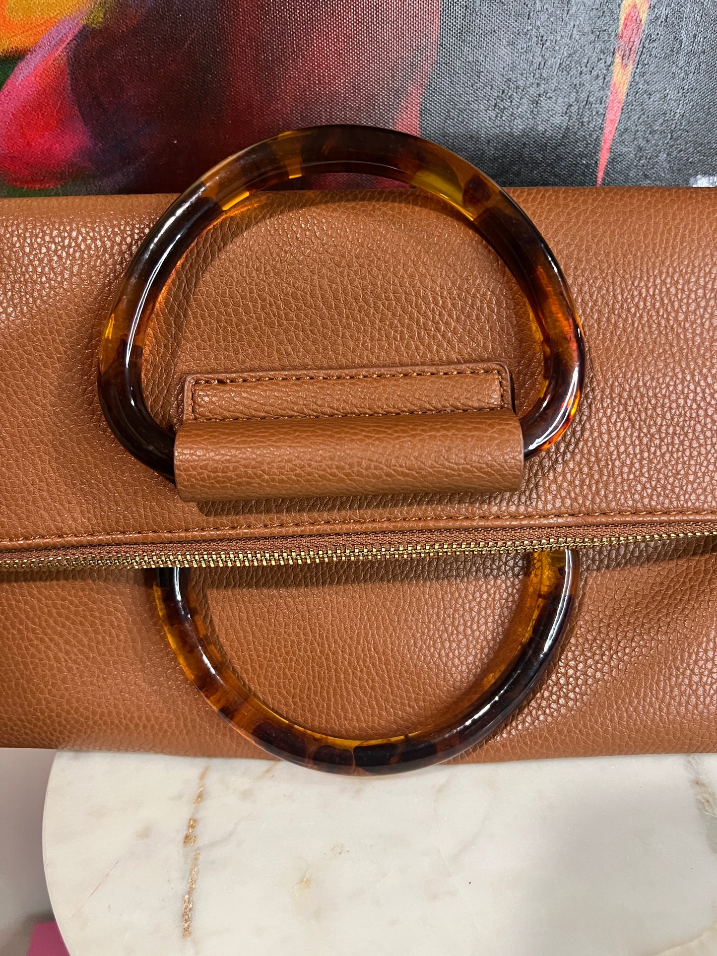 Sophisticated Brown Faux Leather Clutch or Crossbody – Multi-Storage with Tortoise Handles