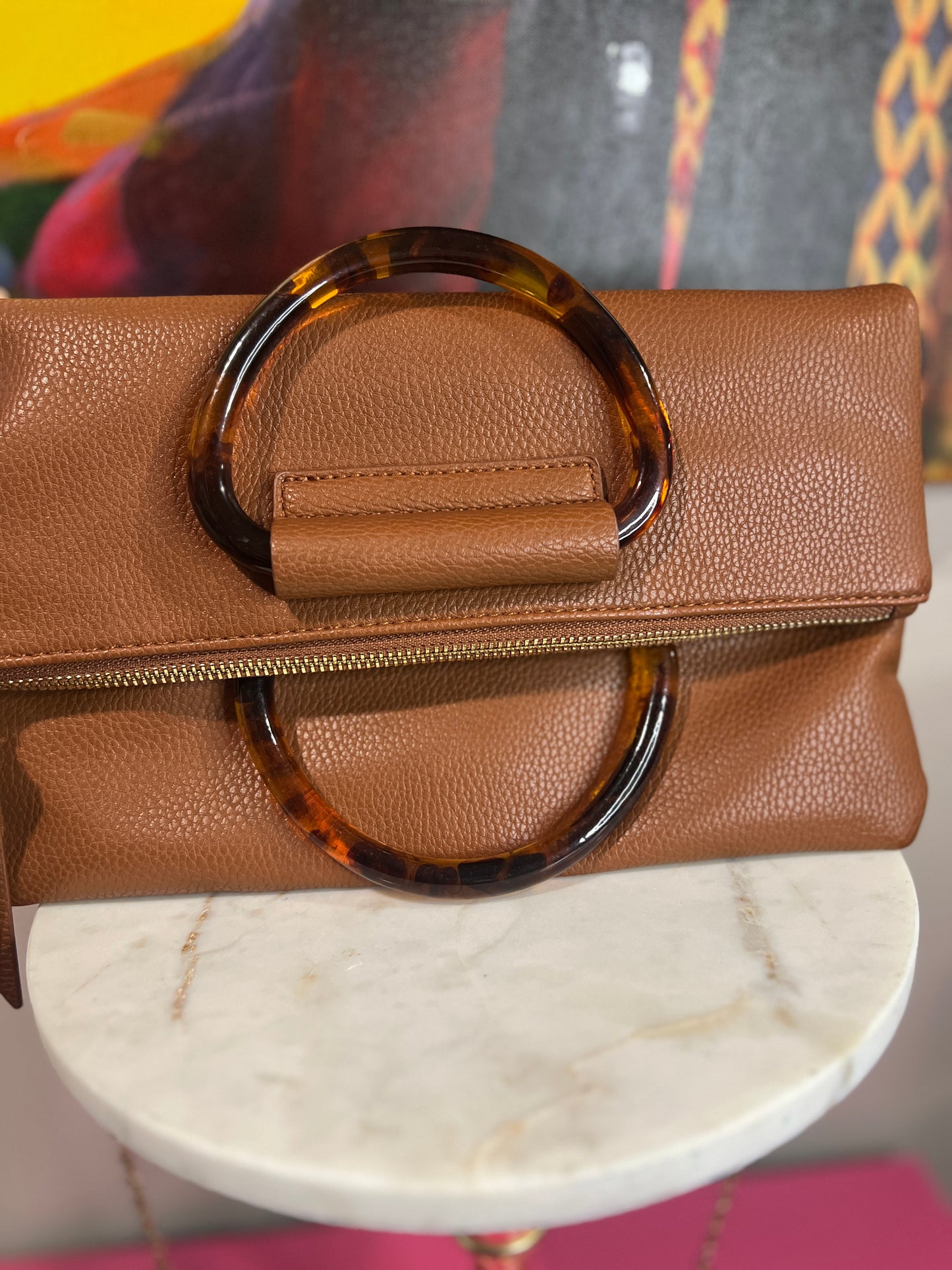 Sophisticated Brown Faux Leather Clutch or Crossbody – Multi-Storage with Tortoise Handles