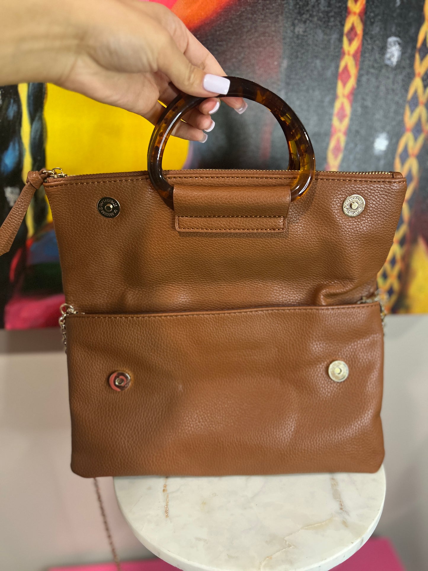 Sophisticated Brown Faux Leather Clutch or Crossbody – Multi-Storage with Tortoise Handles