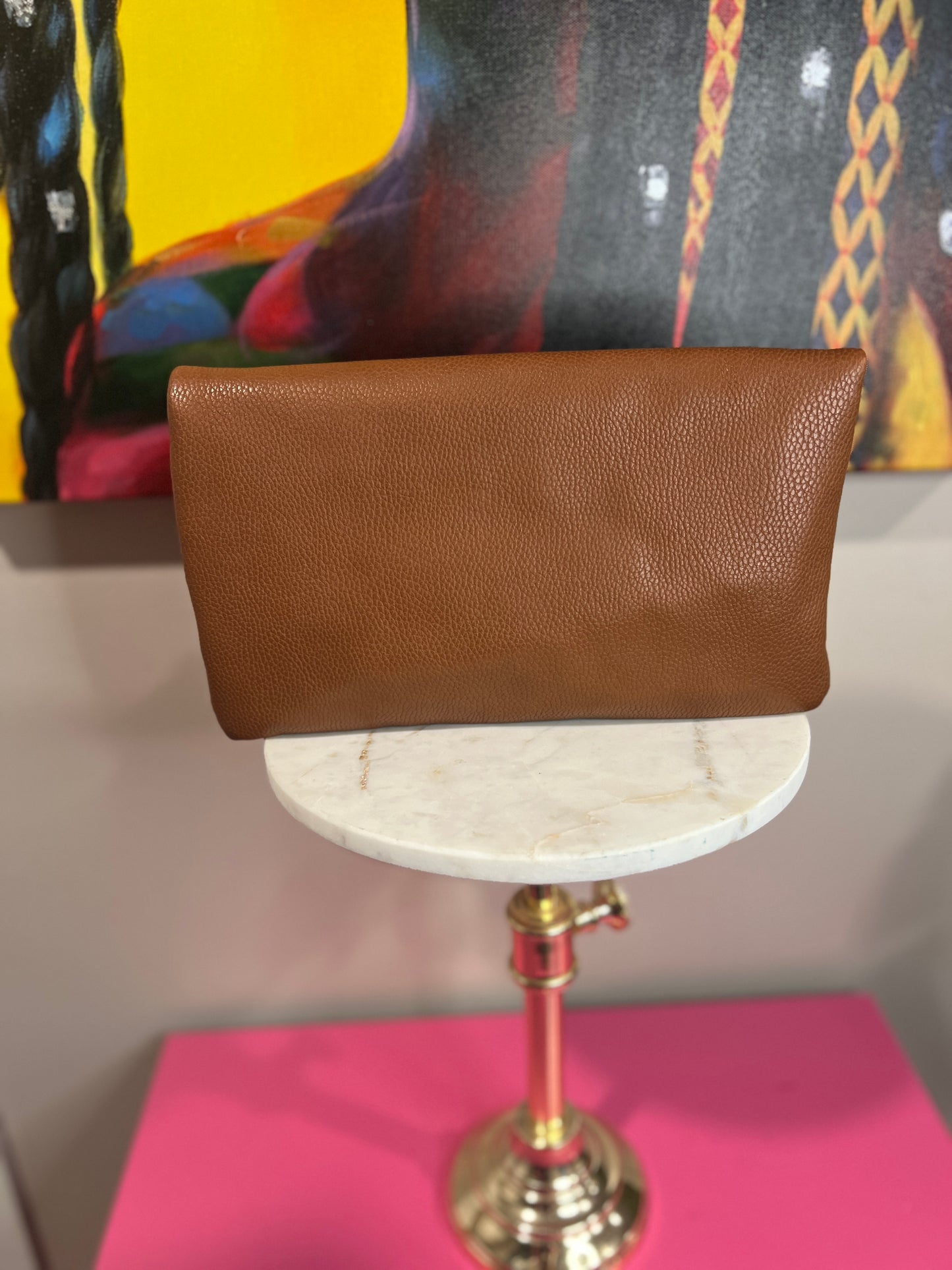Sophisticated Brown Faux Leather Clutch or Crossbody – Multi-Storage with Tortoise Handles