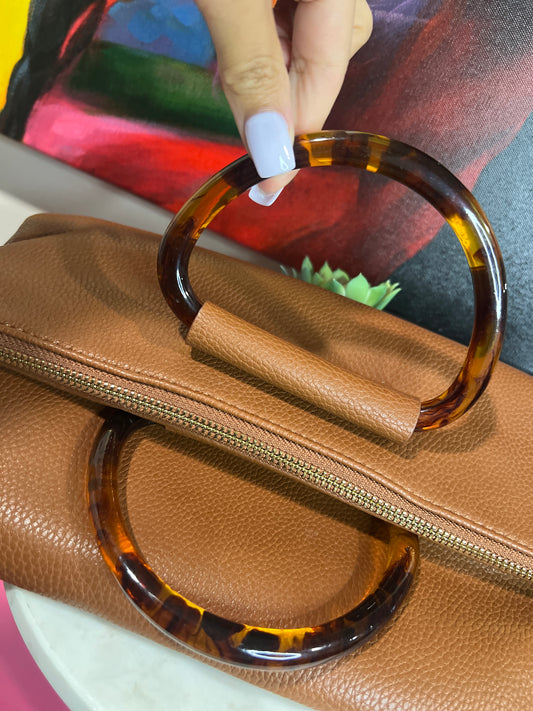 Sophisticated Brown Faux Leather Clutch or Crossbody – Multi-Storage with Tortoise Handles