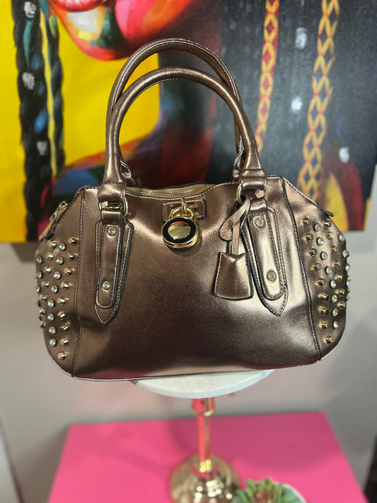 Bronze Glamour Bag – Gold & Diamond Rhinestone Studs with Locket Detail