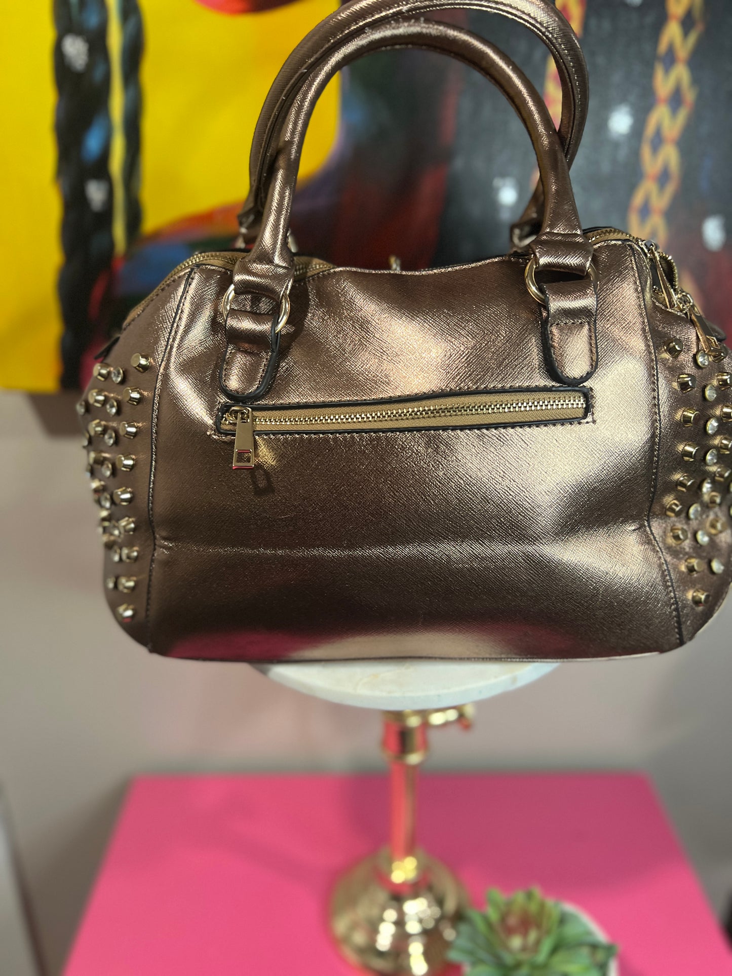 Bronze Glamour Bag – Gold & Diamond Rhinestone Studs with Locket Detail