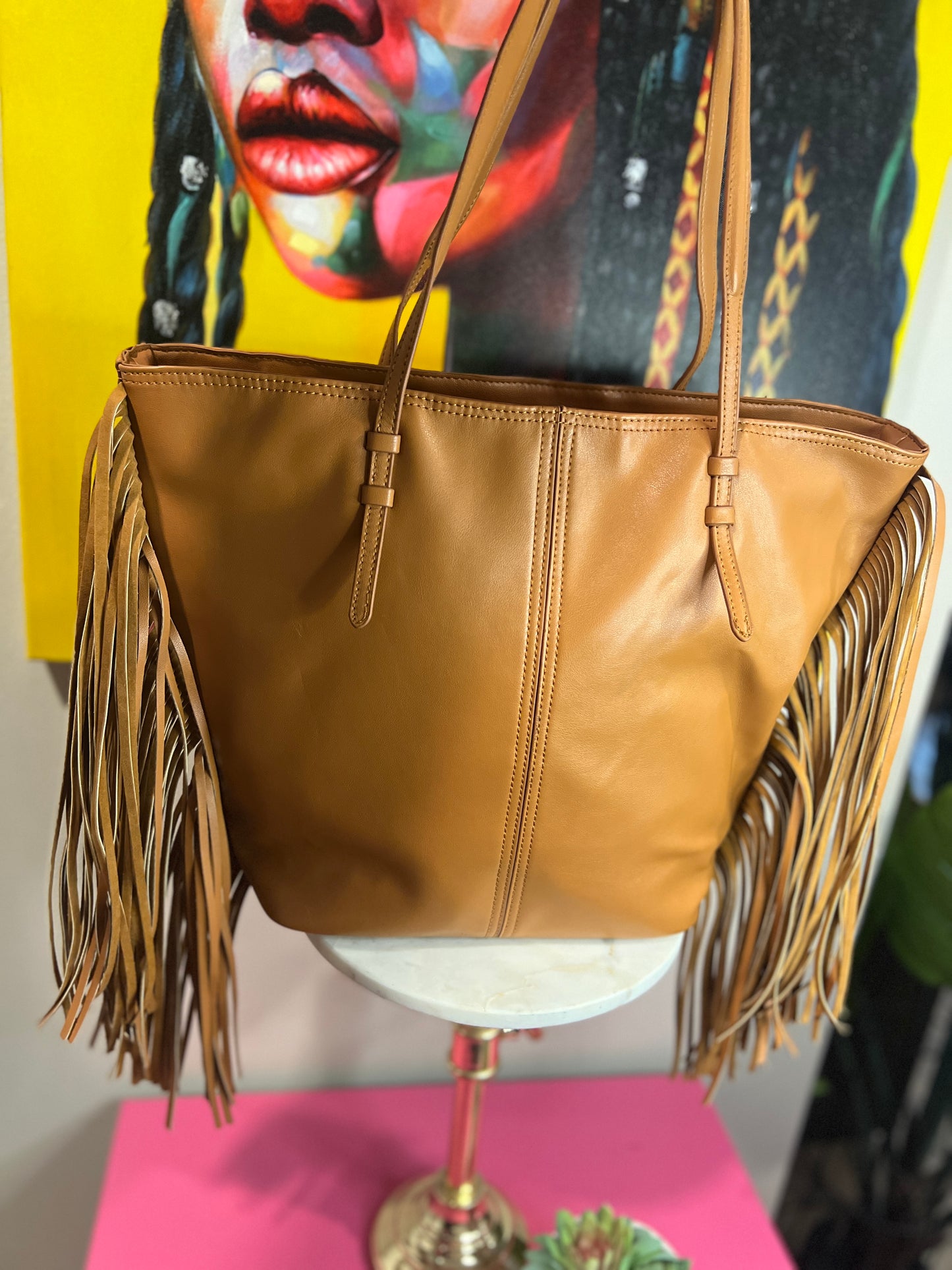 Camel Faux Butter Leather Tote – Chic &amp; Spacious with Big Tassel Accent
