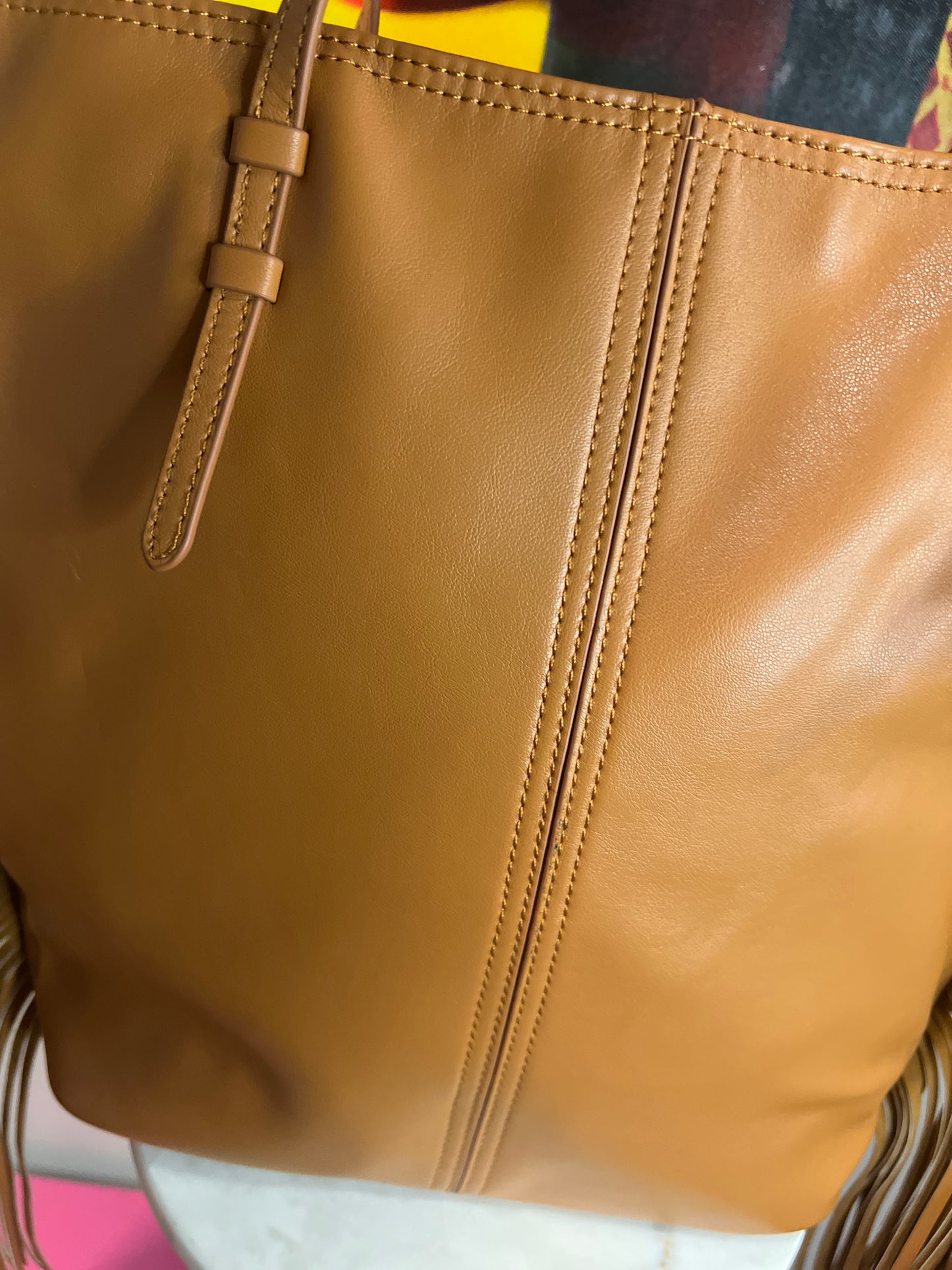 Camel Faux Butter Leather Tote – Chic &amp; Spacious with Big Tassel Accent