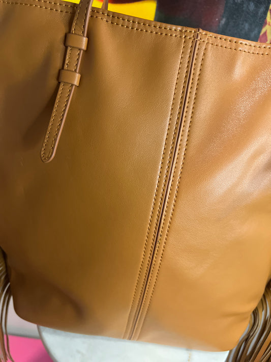 Camel Faux Butter Leather Tote – Chic &amp; Spacious with Big Tassel Accent