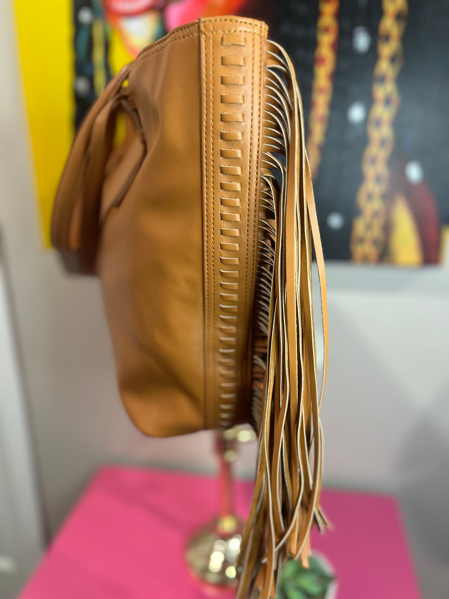 Camel Faux Butter Leather Tote – Chic &amp; Spacious with Big Tassel Accent
