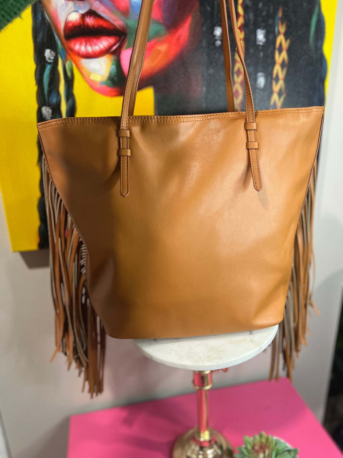 Camel Faux Butter Leather Tote – Chic &amp; Spacious with Big Tassel Accent