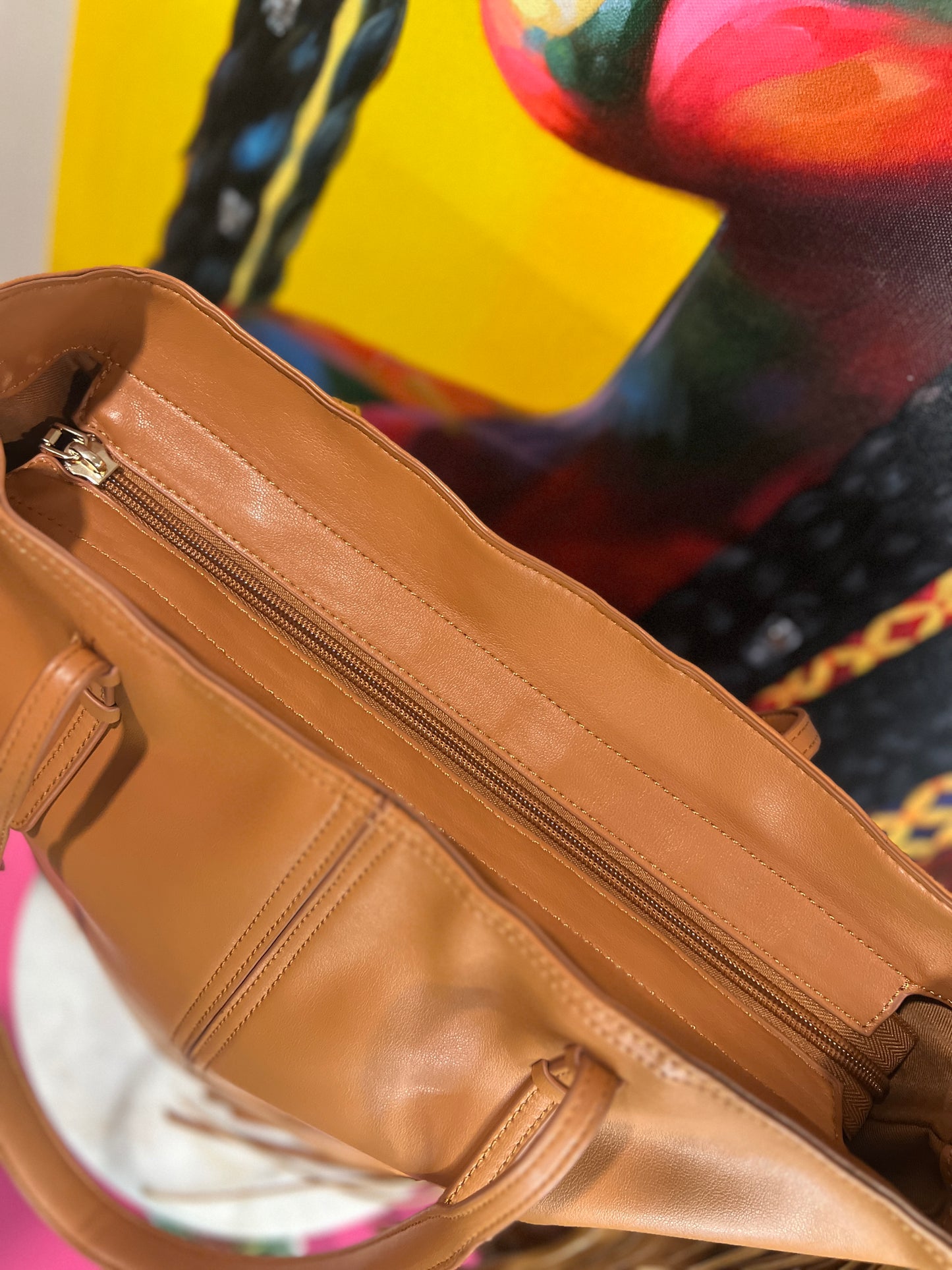Camel Faux Butter Leather Tote – Chic &amp; Spacious with Big Tassel Accent