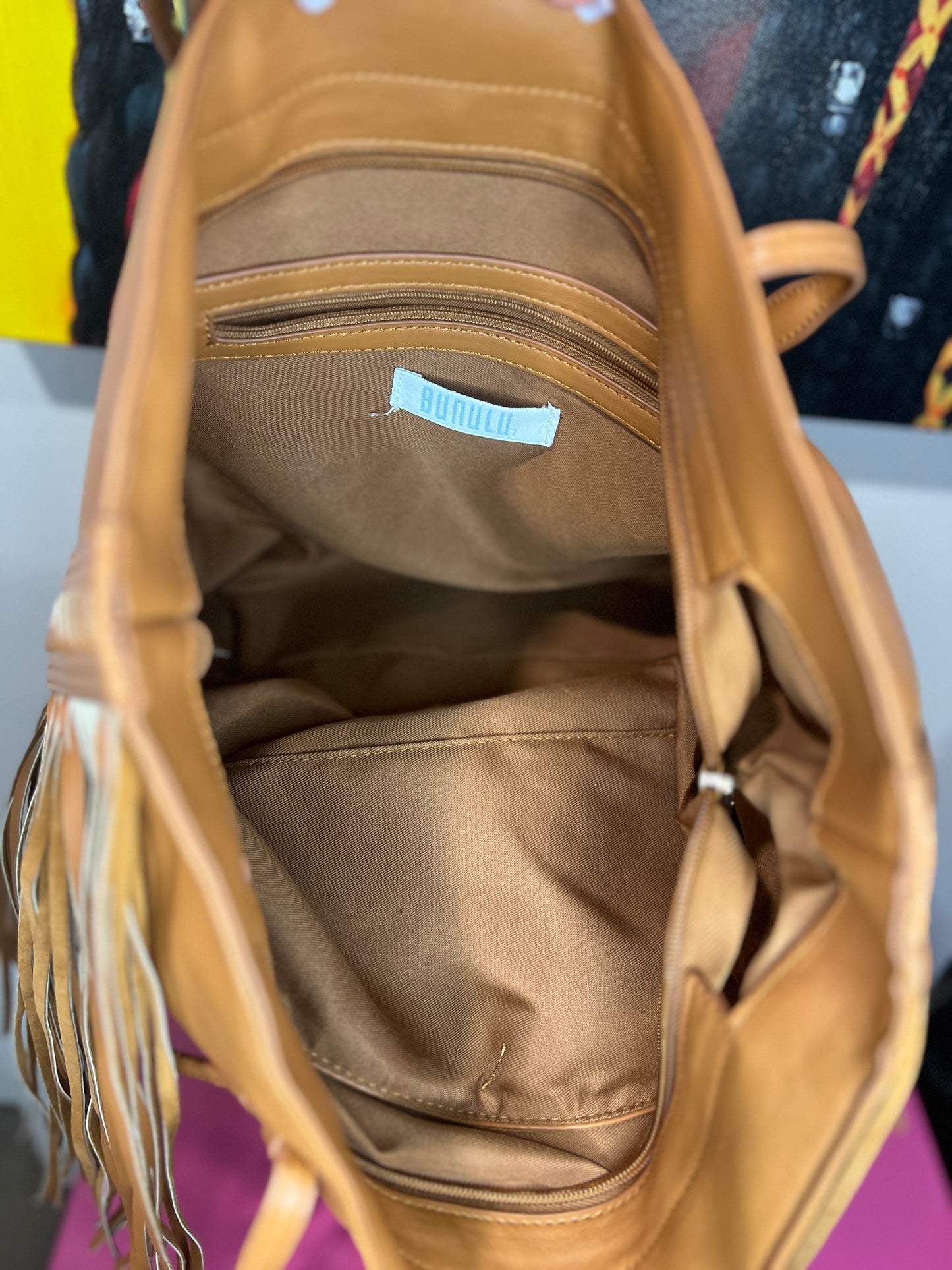 Camel Faux Butter Leather Tote – Chic &amp; Spacious with Big Tassel Accent