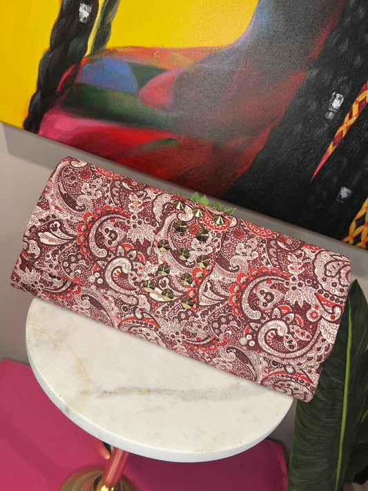 Elegant Paisley Print Clutch – Bronze Rhinestone Accent