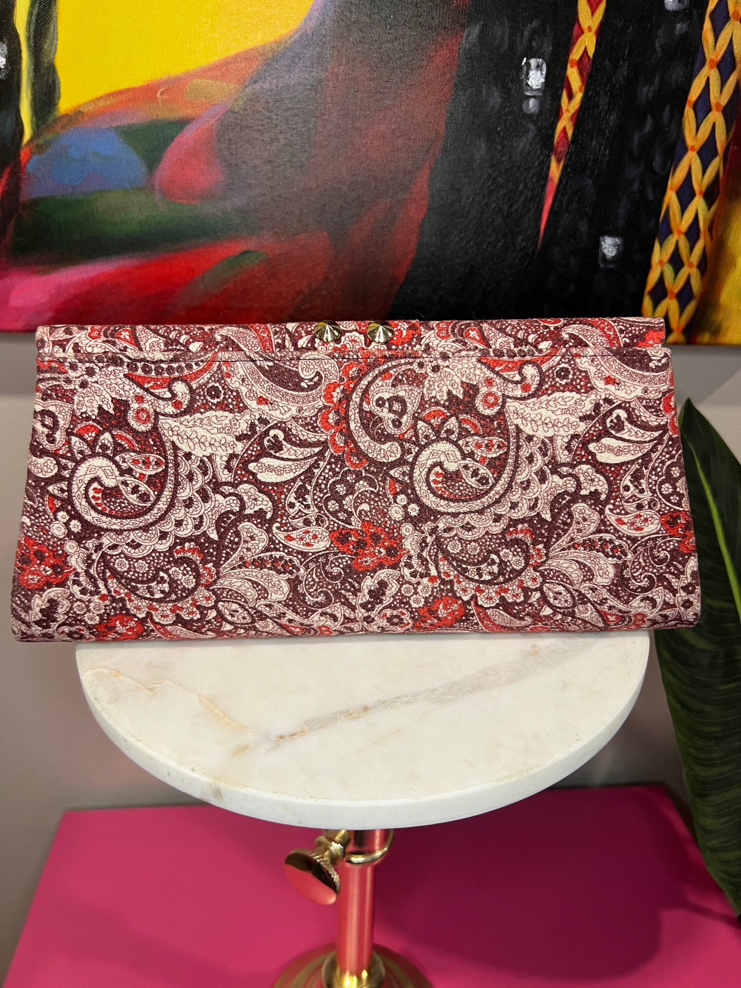 Elegant Paisley Print Clutch – Bronze Rhinestone Accent