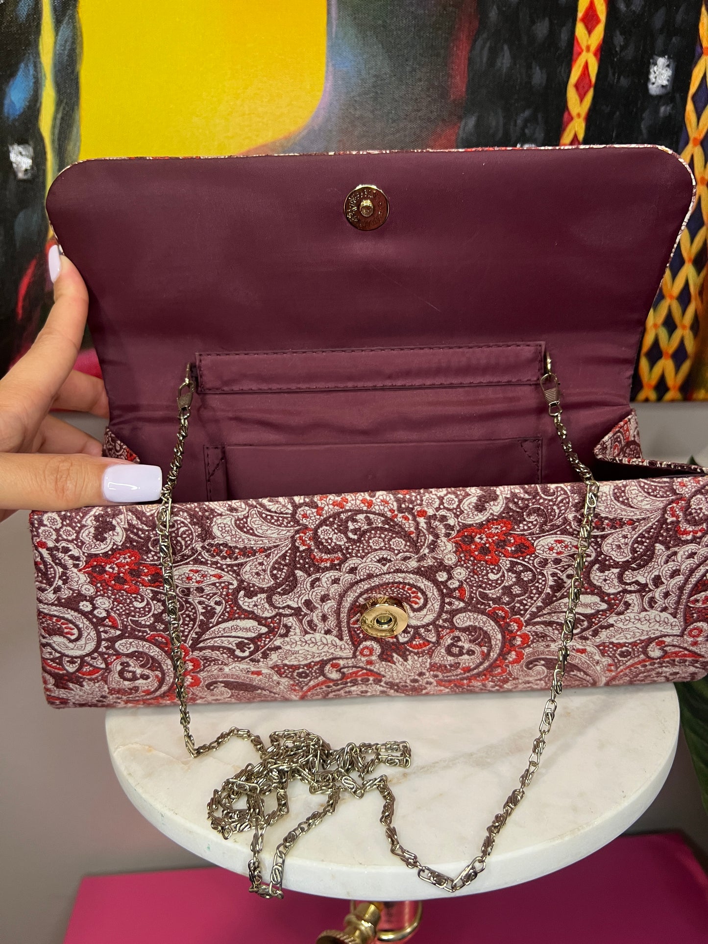 Elegant Paisley Print Clutch – Bronze Rhinestone Accent