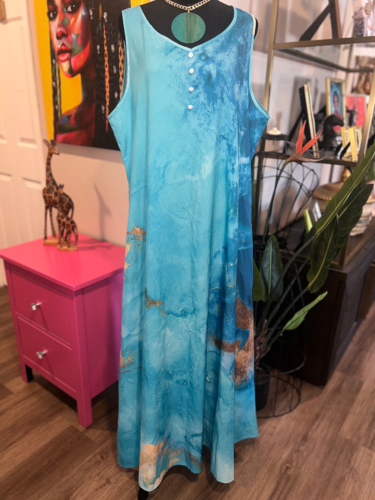 Blue Marble Flowy Maxi Dress - 2XL (With Pockets!)