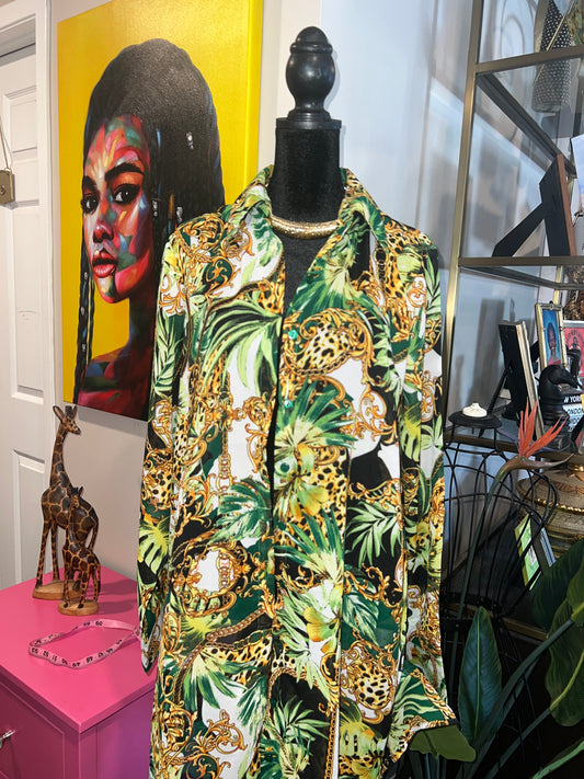 Sheer Jungle Escape Button-Up Cover-Up - M